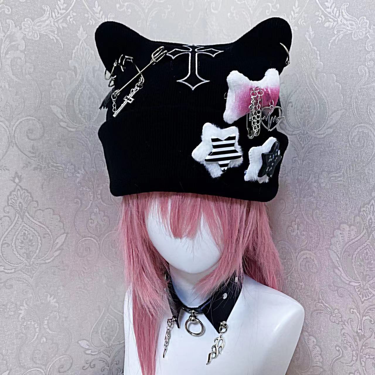 Y2K Goth Punk Handmade Knit Cross Skull Star Bone Cat Ears Winter Hats Beanie