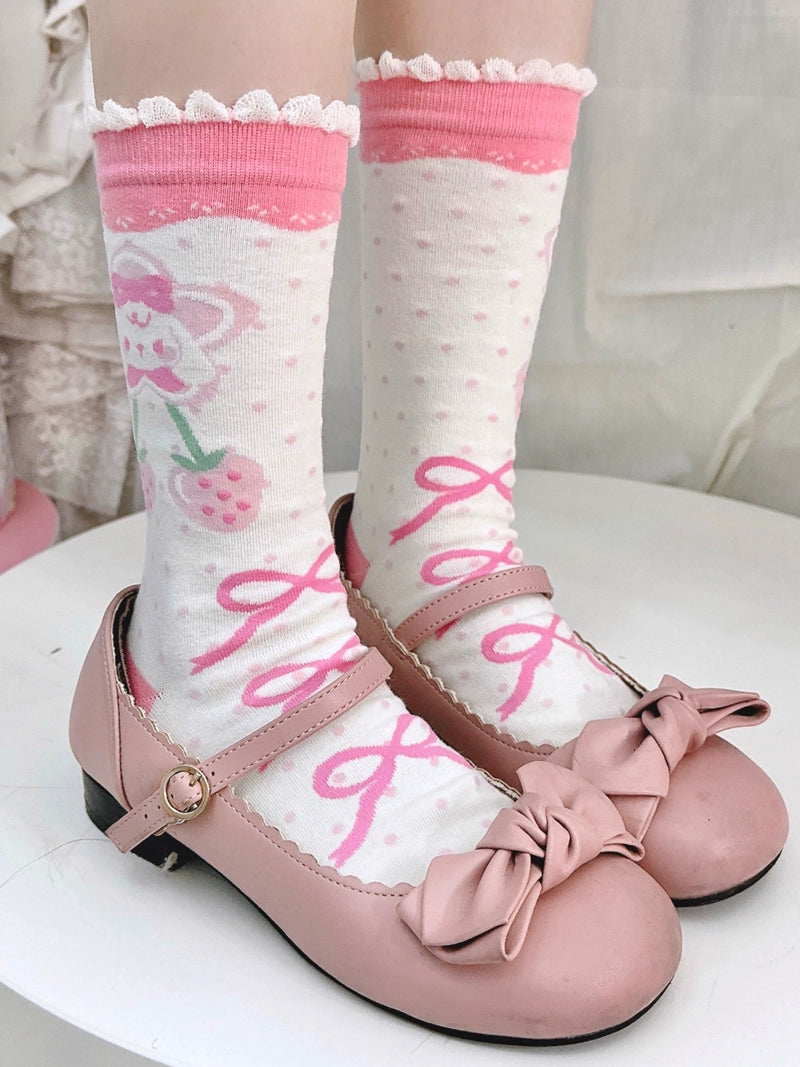 Chibi Strawberry Rabbit Pink White Lolita Socks