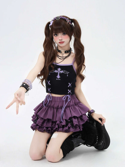 Crazy Girl Bow Of Freedom Pink Black Red Purple Cream Elastic Waist Ruffle Skirt