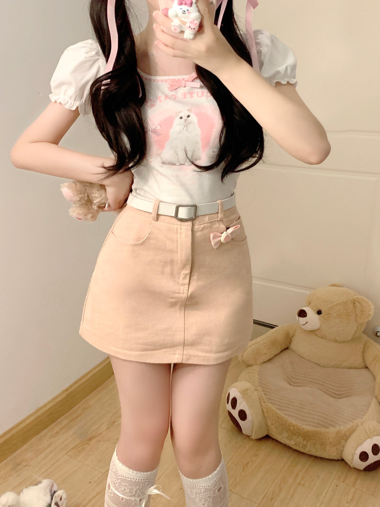Serendipity Summer Cat Bow Puff Sleeve Shirt & Pink Mini Skirt Two Piece Set