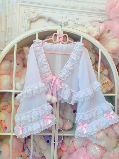 Candy Fairy Sheer See Through White Rose Ruffled Cardigan