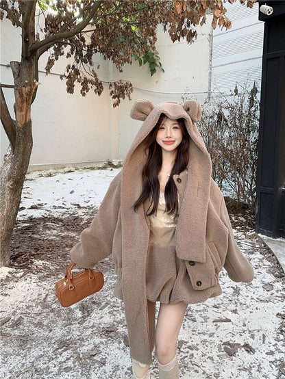 Cute Fall Winter White & Brown Bear Ears Hooded Jacket Skirt Two Piece Set