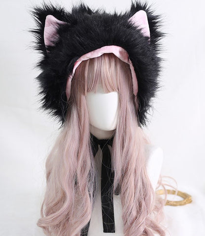 Winter Lolita White & Black Cat Ears Cute Handmade Fur Hats Headband