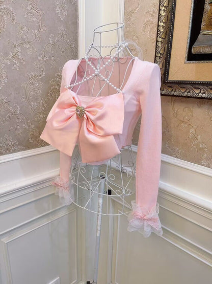 Sweetheart Princess Halter Neck Bow Pink White Black Knit Sweater Top