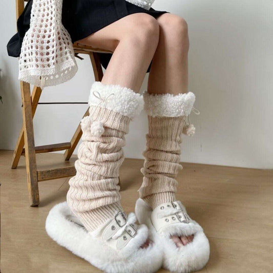 Autumn Winter Cottagecore Velvet Wool Knit Fur Ball Leg Calf Warmers
