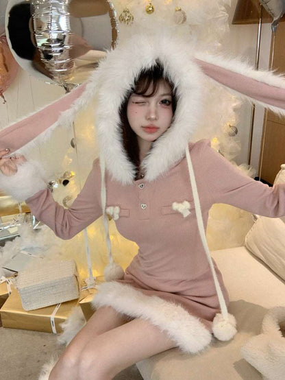 Blue Angel Sweet Rabbit Ears Hooded Fur Edge Pink Knit Dress