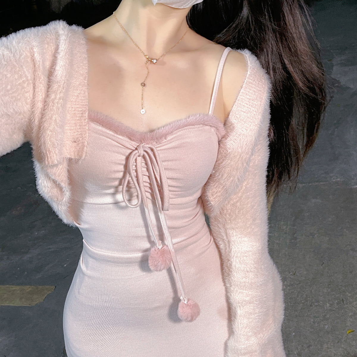 Ruellia Lady White Cream Pink Long Strap Dress & Plush Fur Pink Cardigan Two Piece Set