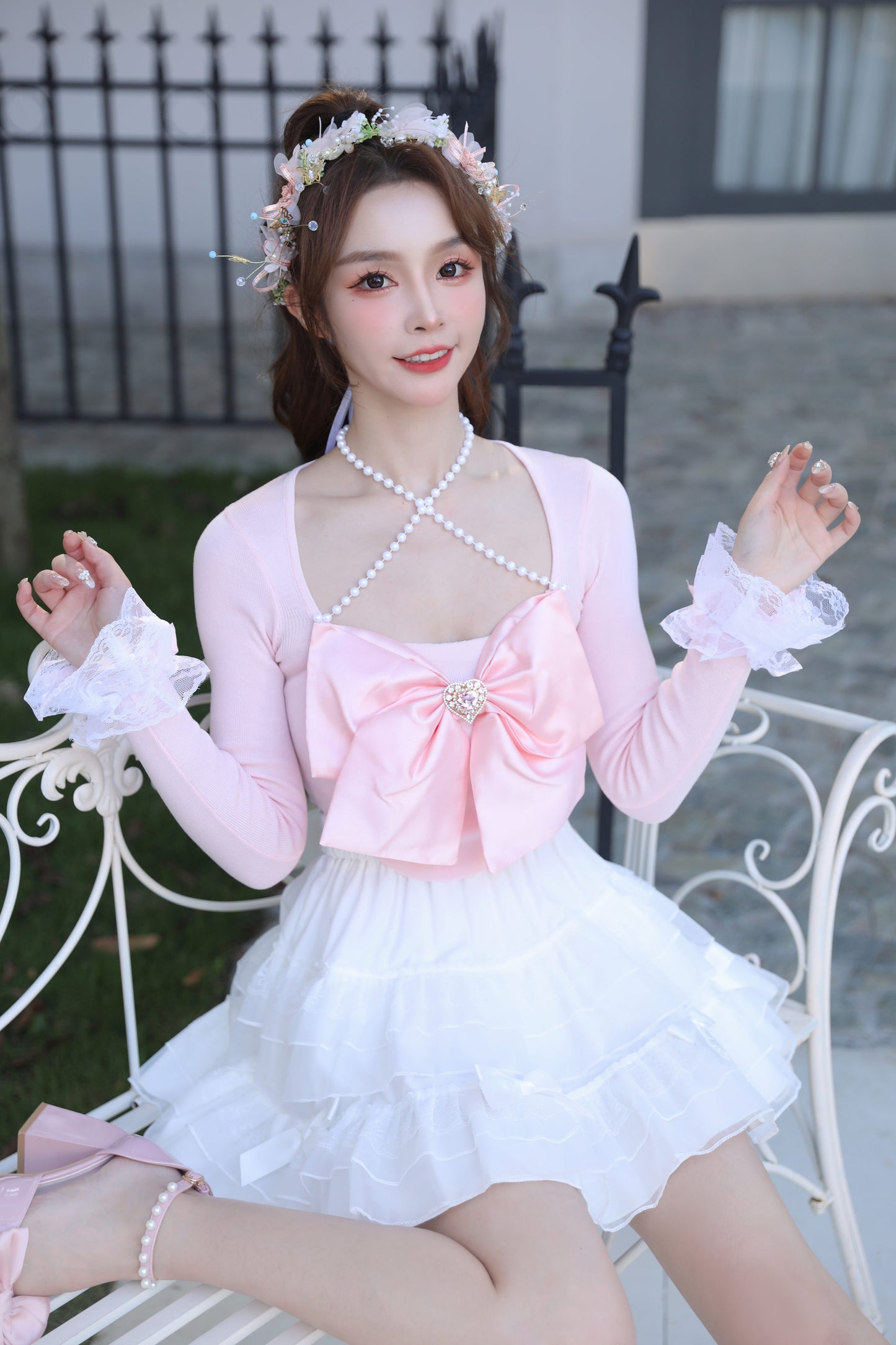 Sweetheart Princess Halter Neck Bow Pink White Black Knit Sweater Top