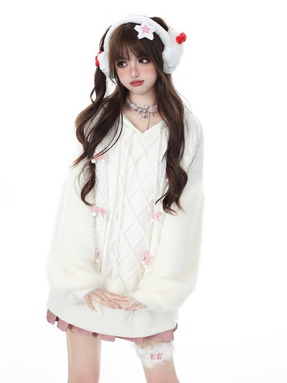 Crazy Girl Pom Pom White Bow Fuzzy Knit Autumn Winter Hoodie Sweater