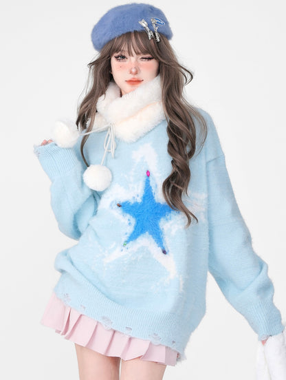 Young Eyes Star Pink Blue Autumn Winter Round Neck Pullover Sweater