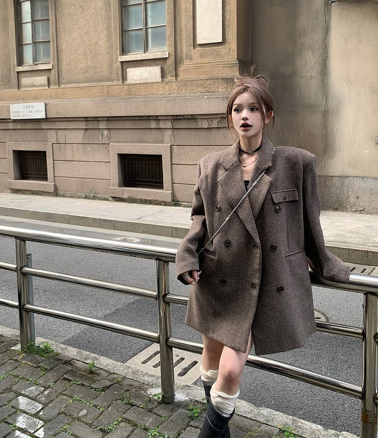 Coffee Brown Chic Autumn Winter Woolen Herringbone Jacket