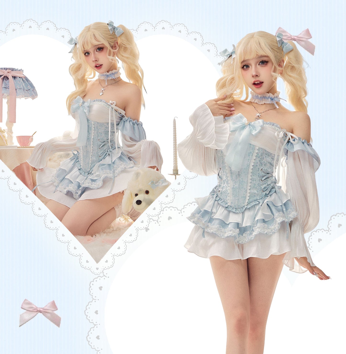 Serendipity Sweet Coquette Princess Blue & White Dress Long Sleeves Girdle Two Piece Set