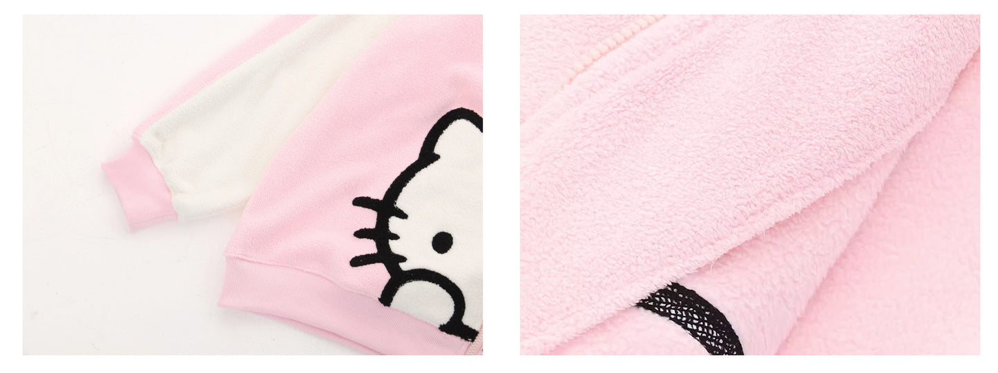 Cute Kitty Cat Pink Black Polar Fleece Y2K Oversize Hoodie Jacket