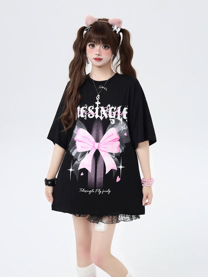 Crazy Girl Tiesingle Bow Black White Oversize T-shirt