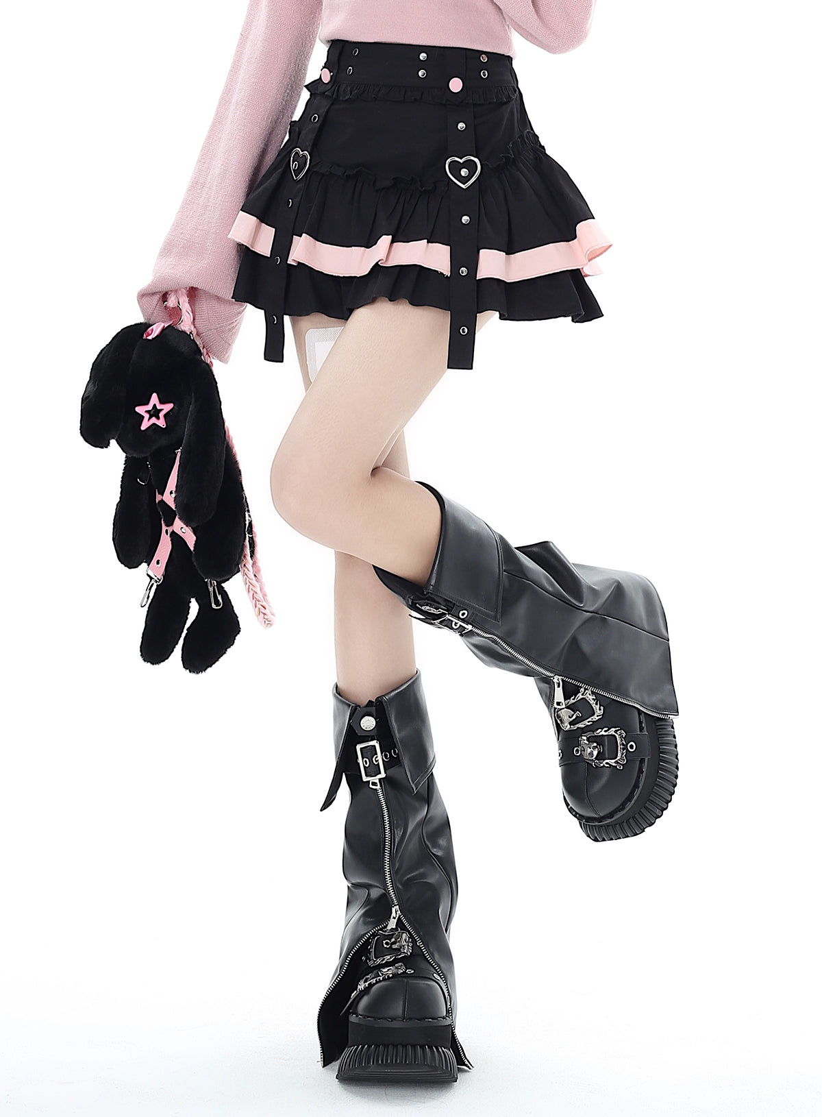 Crazy Girl Taotao Oolong Heart Black Pink Ruffle Short Skirt