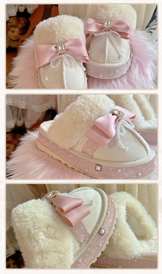 Pinky Coquette Luxury Pink Bow Velvet Snow Winter Plush Slippers Shoes