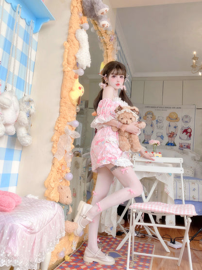 Candy Fairy Pink Melody Cartoon Camisole Puff Sleeve Top & Skirt Pajamas Two Piece Set