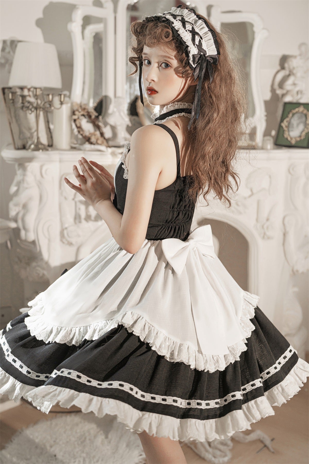 Gothic Dark Maid Cosplay EGL Black White Elegant Bow Dress & Jacket Two Piece Set