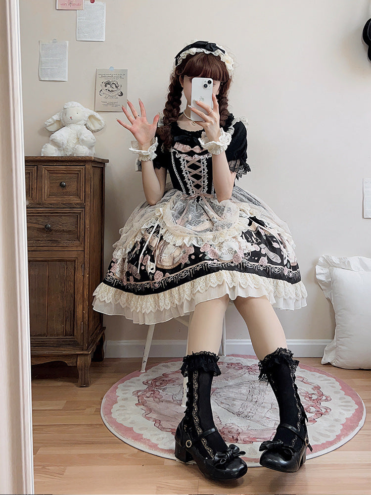 Rose Garden Lace Elegant Original Lolita EGL Pink & Black Strap Dress