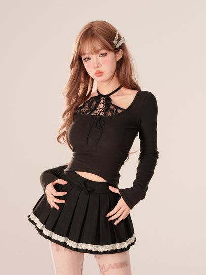 Young Eyes Coquette Sexy Black Pink Lace Halter Neck Slim Fit Shirt Top