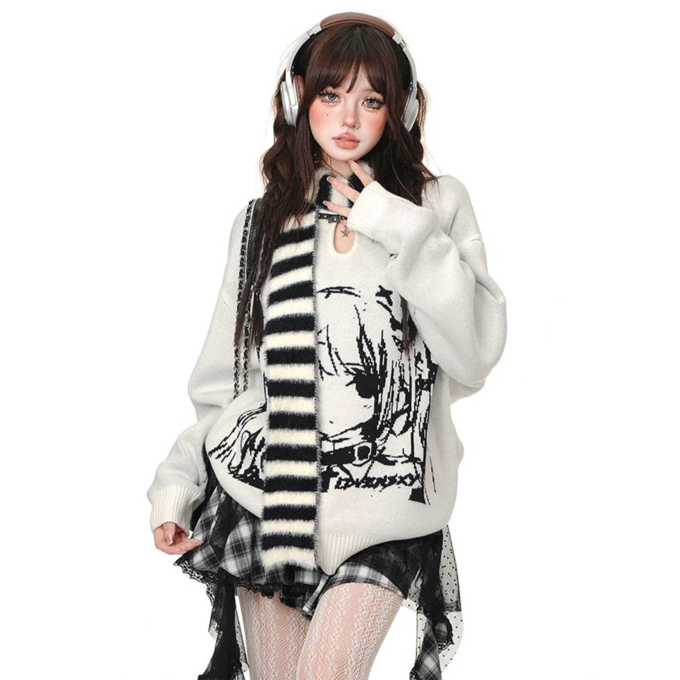 Young Eyes Anime Stimulation White Black Sweater Striped Scarf