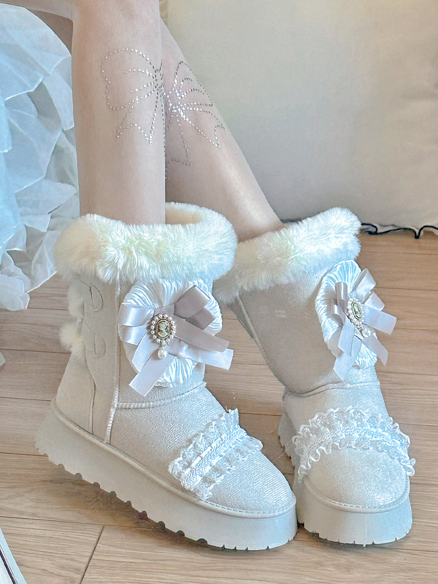 Pinky Sweet Beige Black Lace Mid Calf Fur Winter Thick Snow Round Toe Boots Shoes