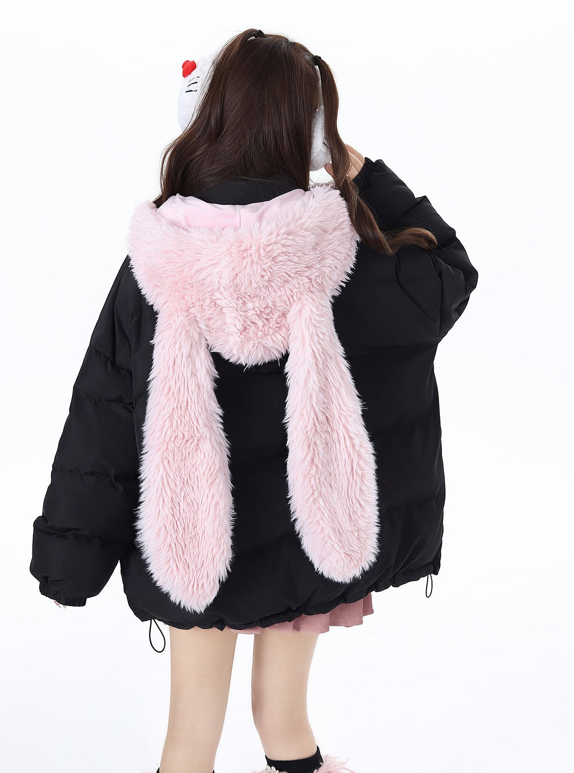 Crazy Girl Pink Black Winter Rabbit Ears Hooded Plush Puffer Jacket