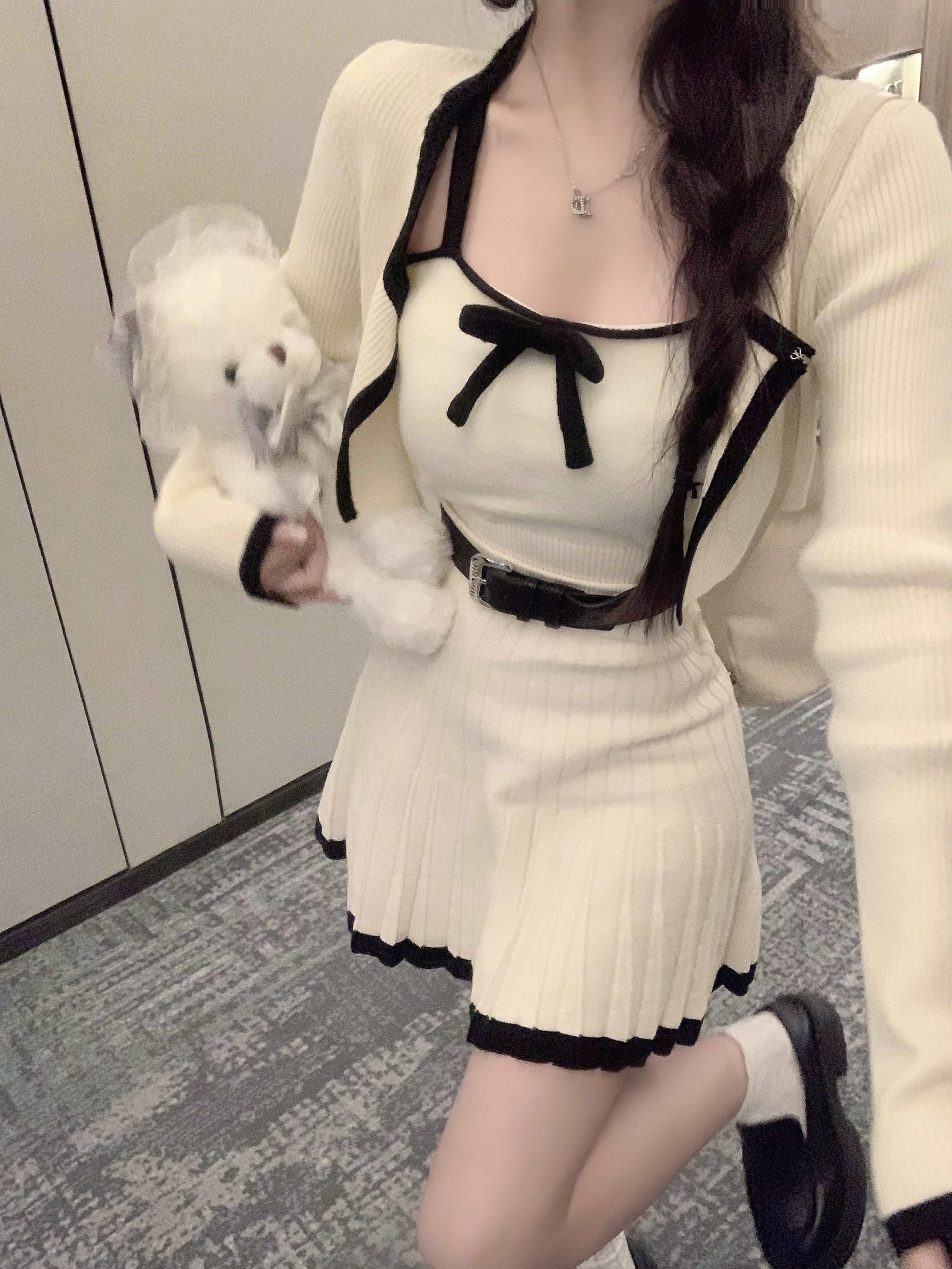 Chic White Black Trim Knit Camisole Cardigan Pleated Mini Skirt Three Piece Set