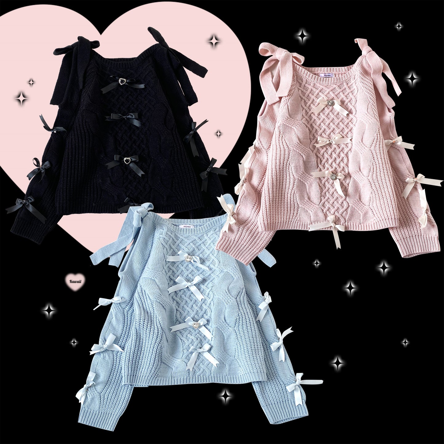 Kitten Bullet Gem Ribbon Bow Pink Blue Black Sweater