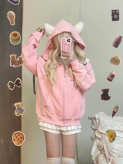 Serendipity Cute Pink Black Gray Coquette Princess Cat Ears Oversize Hoodie Jacket