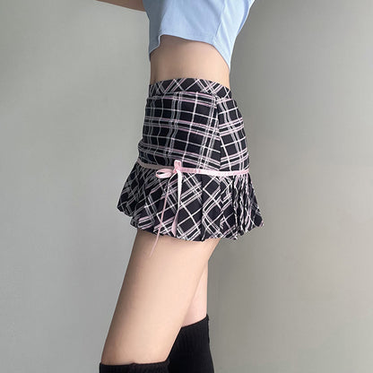 Soft Girl Coquette Black Pink Plaid Bow Short Skirt