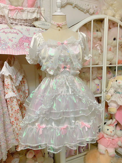 Candy Fairy Run Away Princess Sparkling Ruffled Layered Puff Sleeve White Dress