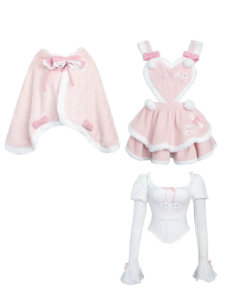 Serendipity Strawberry Dessert White Top & Pink Suspender Dress & Rabbit Ears Cape Three Piece Set