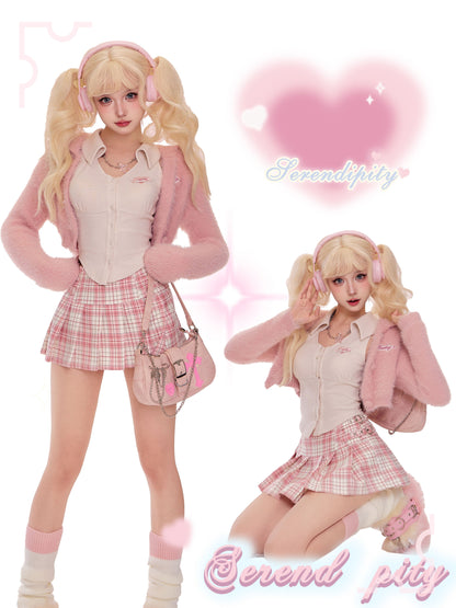 Serendipity Autumn Sweet Pink Plush Cardigan Jacket & White Shirt & Plaid Mini Skirt Three Piece Set