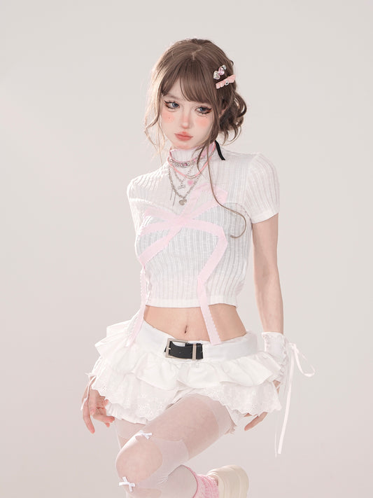 Young Eyes Coquette Bow White Black Turtleneck Short Sleeve Shirt Top