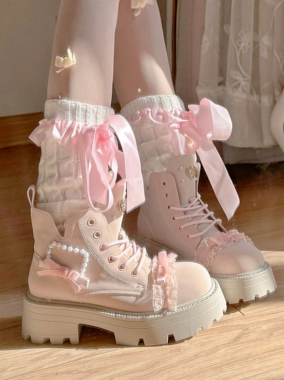 Pinky Sweet Knight Bow Pearl Light Pink Winter Snow Boots Shoes