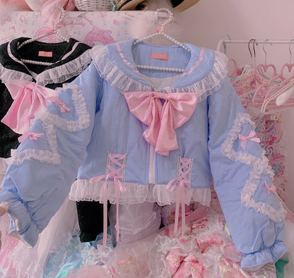 Candy Fairy Sailor Collar Ruffled Blue Pink Black Bow Winter Jacket