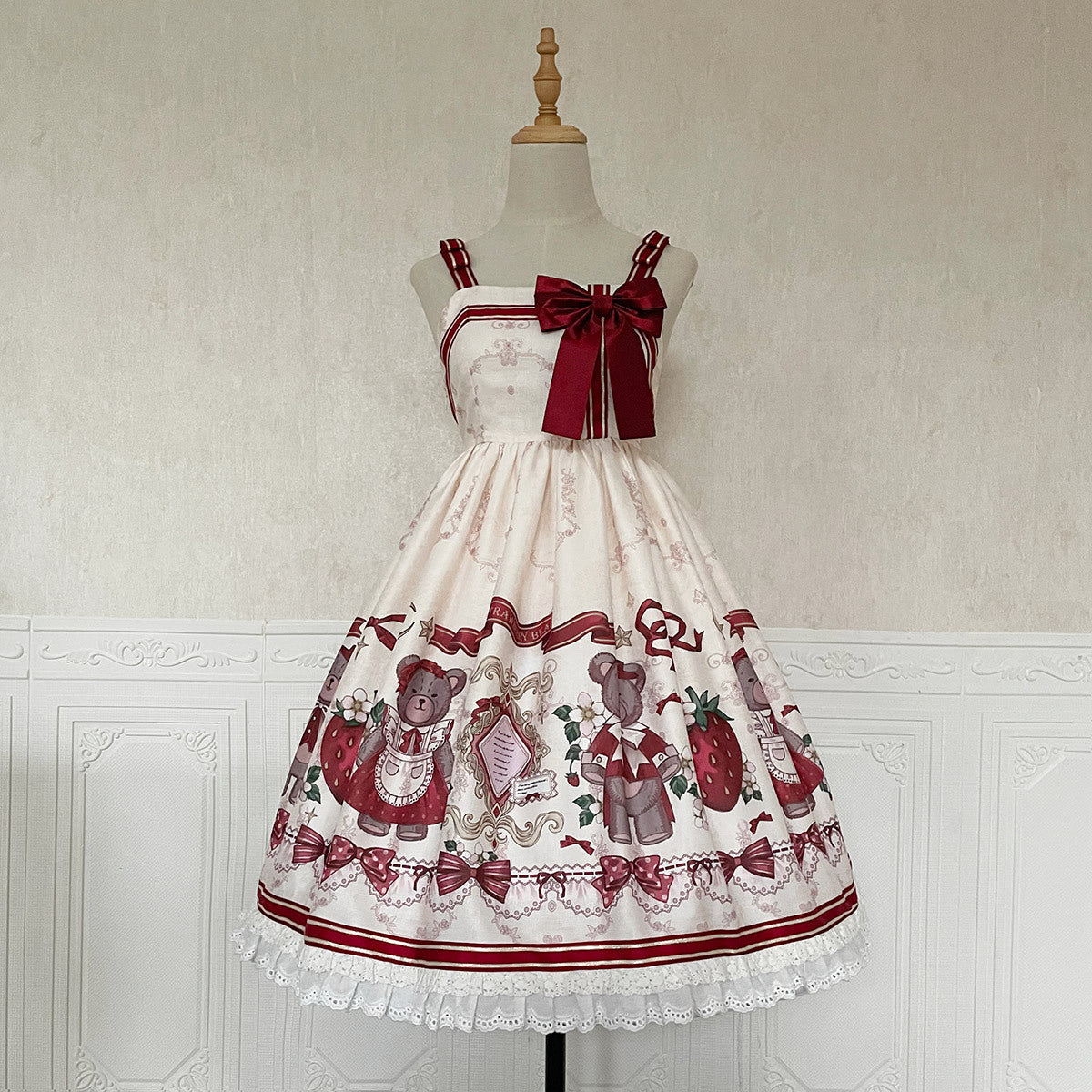 Lolita Teddy Bear Christmas Festive Red White Winter Jacket & Strap Dress Two Piece Set