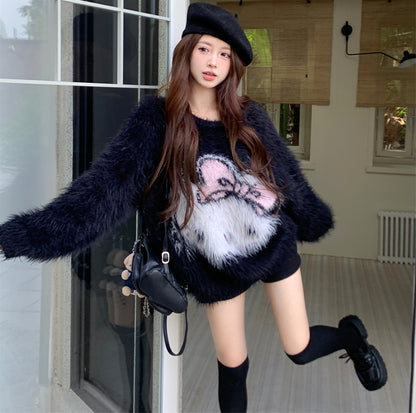 Kitty Cartoon Faux Fluffy Autumn Winter Black Pink Pullover Sweater