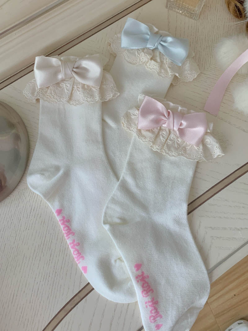 Little Bow Pink Blue Cream Crew Socks