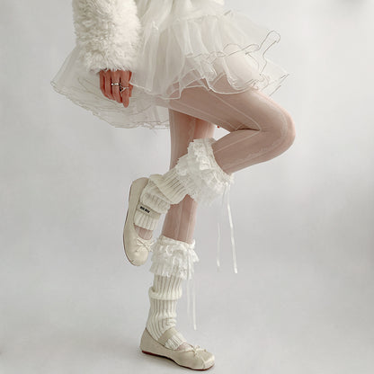 Night Classroom Lace Knit White Leg Warmers