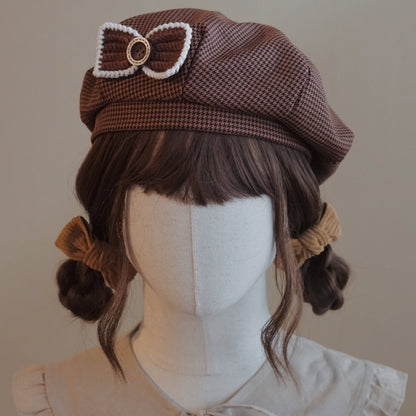 Cute Autumn Fall Handmade Original Knit Bow Brown Houndstooth Beret Hats