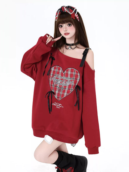 Crazy Girl Heart Plaid Black White Red Off Shoulder Sweater