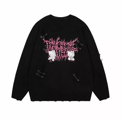 Crazy Girl Punk Kitty Clips Pink Black Knit Sweater