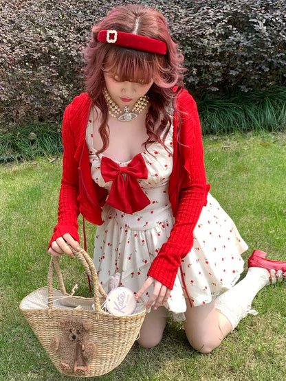 Picnic Girl Cute Cherry Red Bow Beige Strap Dress