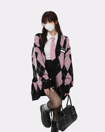 Monet Strawberry Toffee Pink Black Argyle Cute Fall Winter Cardigan