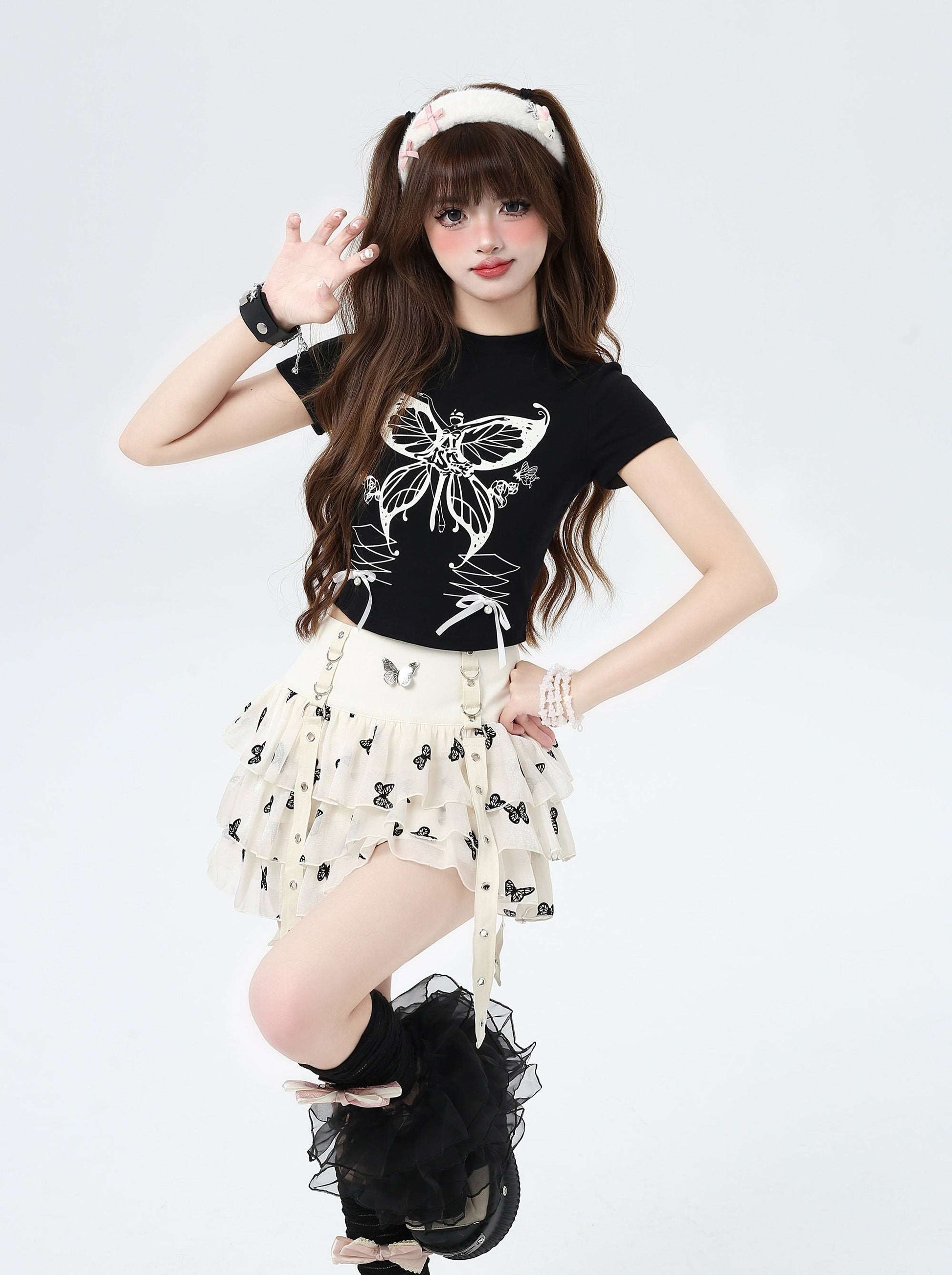 Crazy Girl Early Morning Butterfly Black Cream Ruffle Skirt