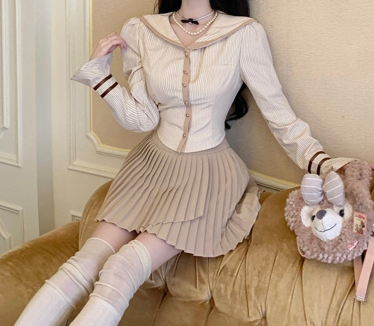 Lazy Girl Riza College Girl Beige Brown Striped Long Sleeve Shirt Top & Skirt Two Piece Set