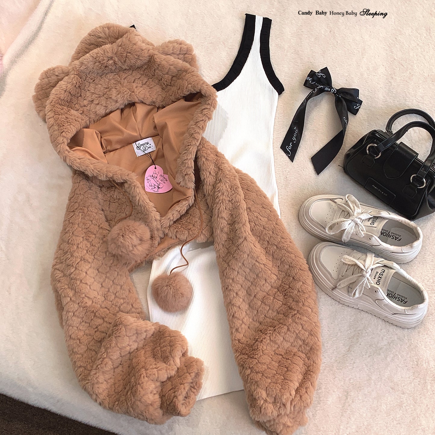 Dormir Doll Winter Pink Rabbit Ears & Brown Bear Ears Hoodie Short Jacket