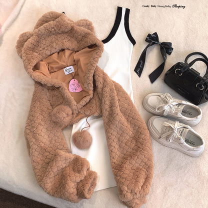 Dormir Doll Winter Pink Rabbit Ears & Brown Bear Ears Hoodie Short Jacket